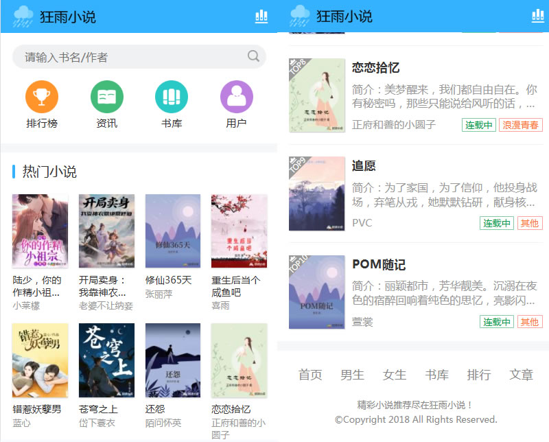 SY59狂雨小说免费小说系统在线小说电子书阅读开源版自带采集规则含手机模板带数据