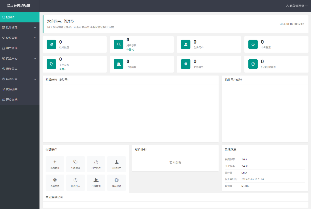 JP247鼠大侠网络验证系统源码一机一码授权验证 全开源支持多种开发语言